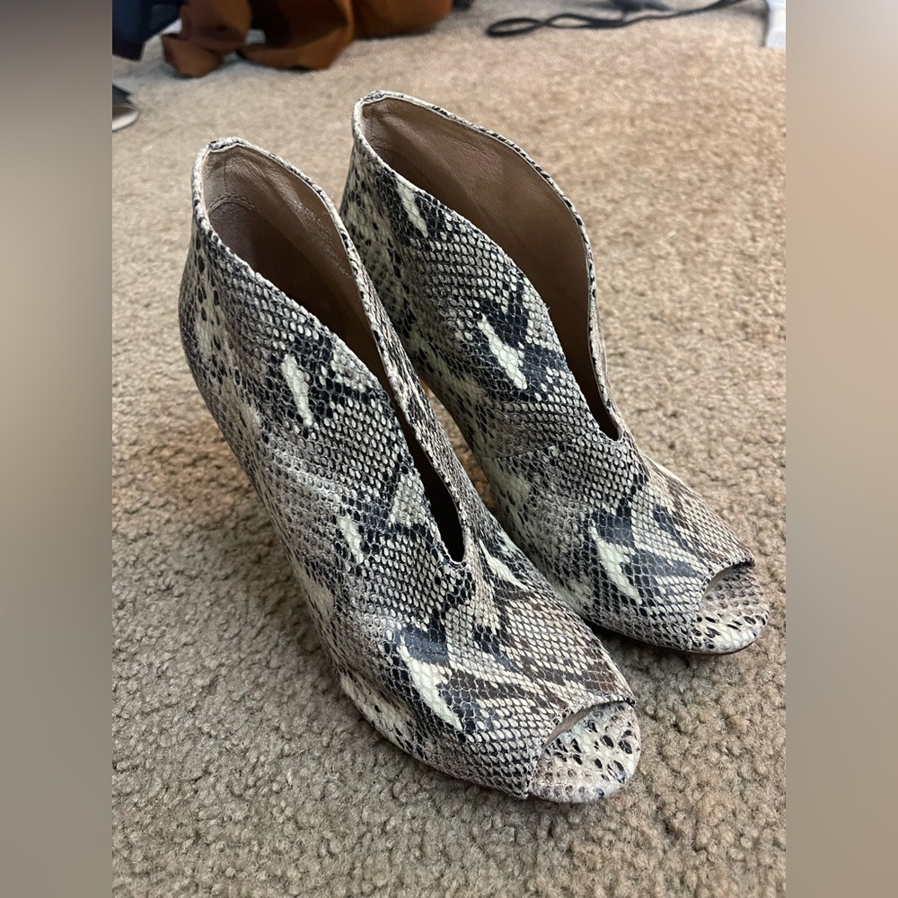 Snake skin open toe boots